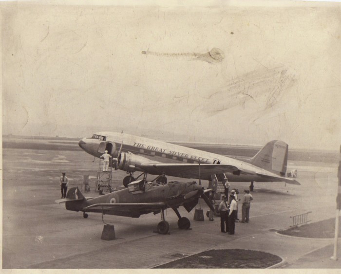 NC19970 Eastern Airlines Ship #368 with Messerschmidt BF-109E AE479 (now at RAF Museum Duxford) in 1942.jpg