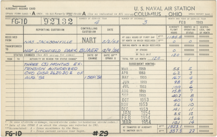 FG-1D BuNo 92132 – Aircraft Record Card Page 1 (Reduced).png