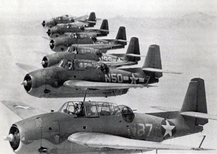 Formation of TBM-1 Avengers on a training flight from NAS Barbers Point, Oahu, Hawaii, early 1943..jpg